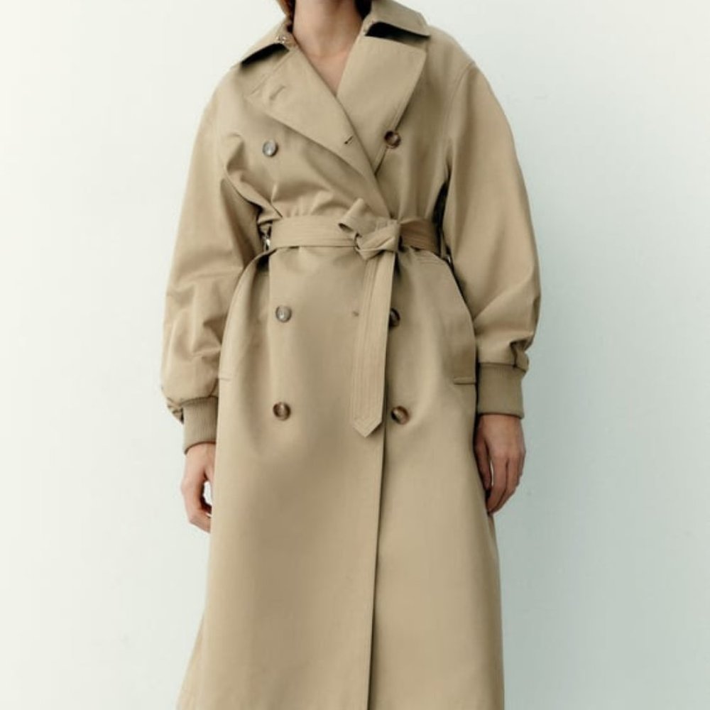 Zara WATER REPELLENT PLEATED TRENCH TAUPE BROWN - Size Small